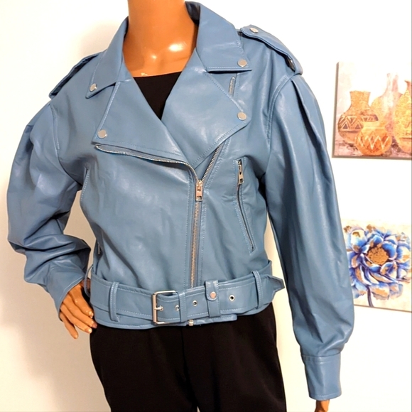 Blue Faux Leather Moto Jacket - Picture 1 of 4
